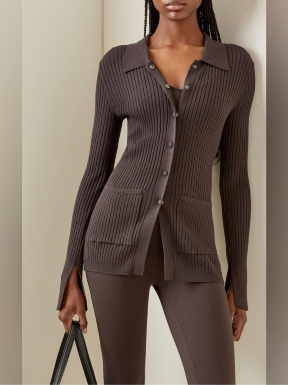 Live The Process Brown Ribbed Knit Polo Collar Cardigan Size S